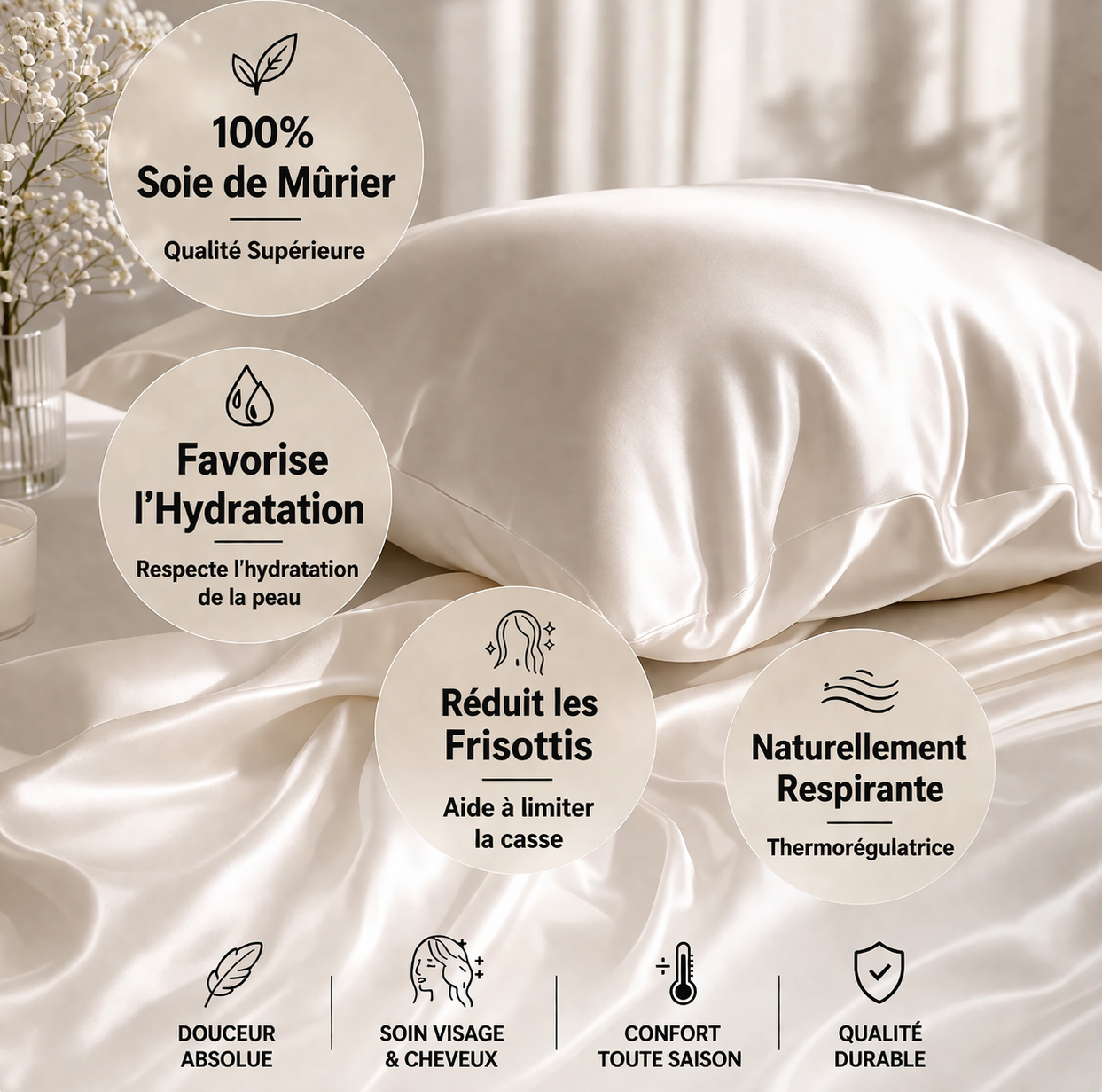 Taie d'oreiller 100% pure soie de mûrier